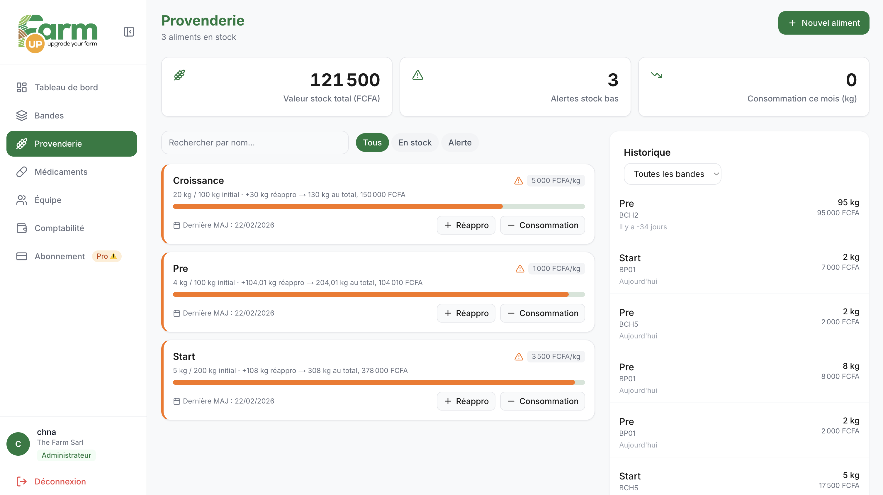 Feed stock tracking on FarmUp
